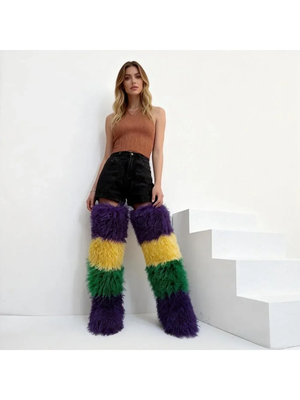 Women's Multi Color Round Toe Comfort Over The Knee Fluffy Fur Thigh High Boots